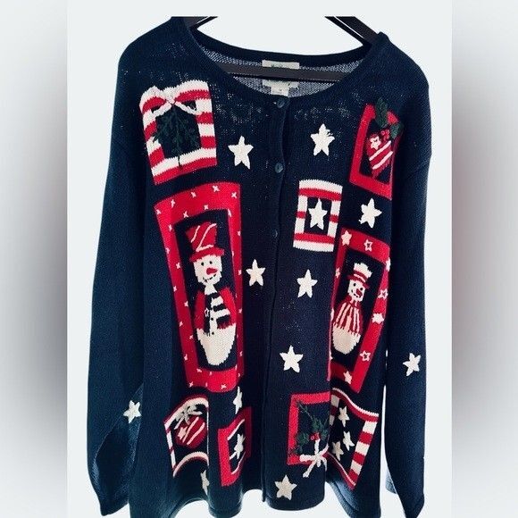 The Quacker Factory Sweaters - Vintage- Quacker Factory Patriotic Christmas Snowman Festive Knit Cardigan Sz 3X